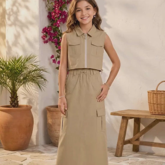 CONJUNTO PARA NIÑA - FALDA CARGO AURORA CAQUI