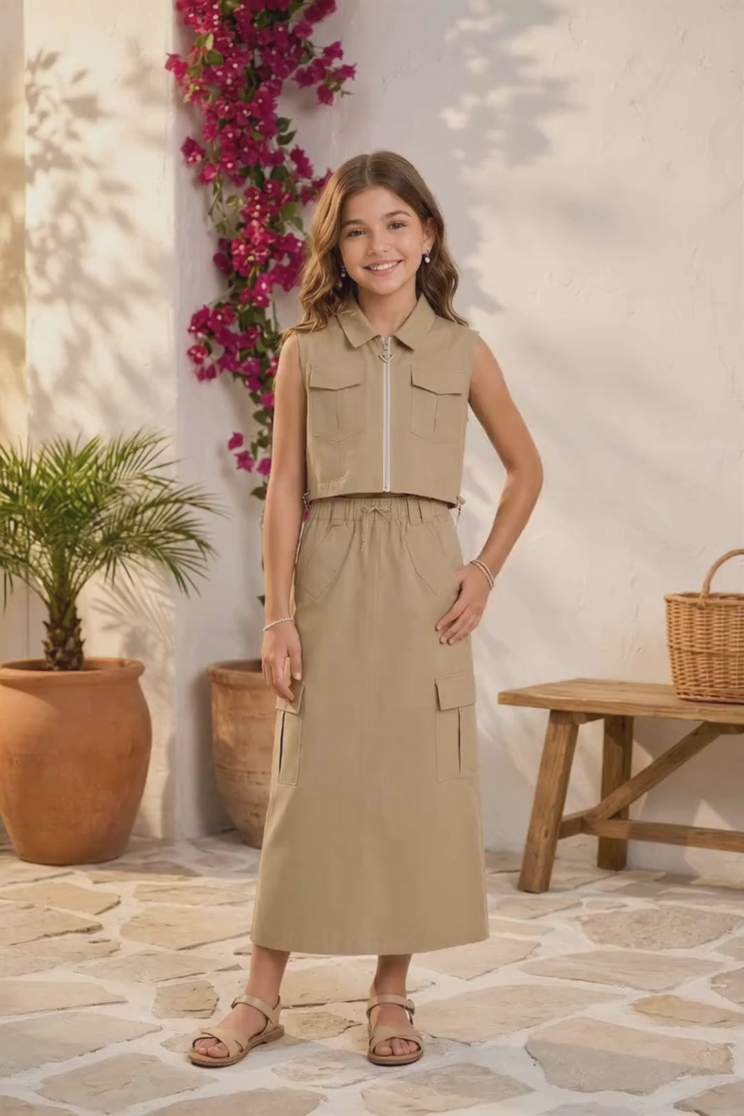 CONJUNTO PARA NIÑA - FALDA CARGO AURORA CAQUI