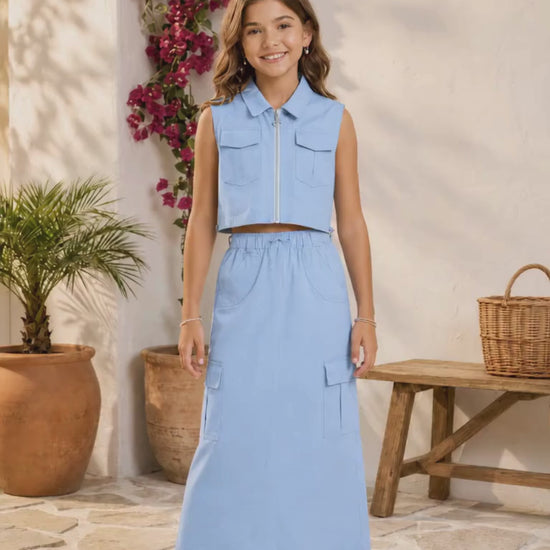 CONJUNTO PARA NIÑA - FALDA CARGO AURORA AZUL