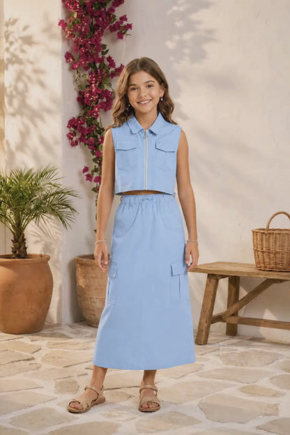 CONJUNTO PARA NIÑA - FALDA CARGO AURORA AZUL